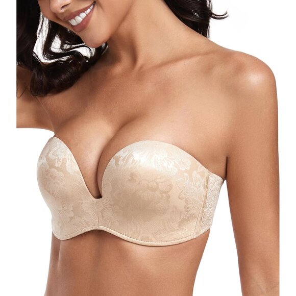 Women's Floral Beige Straples Bra Push Up Anti-slip Support Lift Up Wirefree Bra - Picture 4 of 7